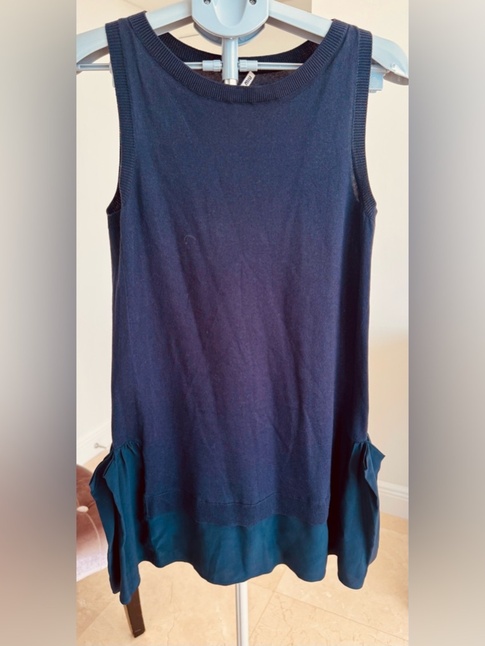 Miu Miu Dark Blue Knit Top/Mini Dress with Branded Tag, combination of fabric